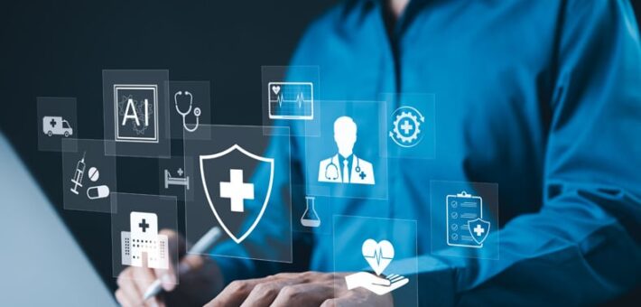 Une personne consulte un écran d'ordinateur portable. Des icônes évoquant l'intelligence artificielle et les données de santé apparaissent en surimpression sur la photo.